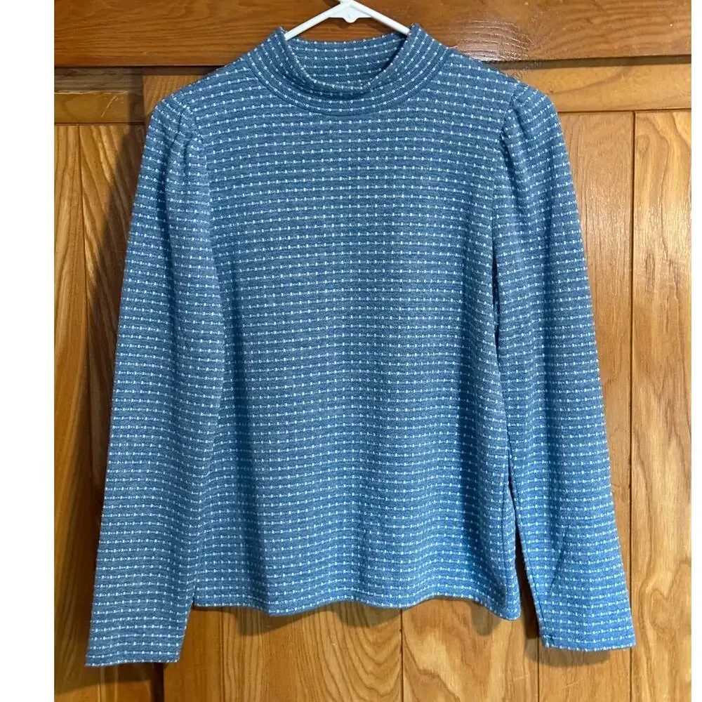 Madewell Jacquard Puff-Sleeve Mockneck Top in Blue - Size M